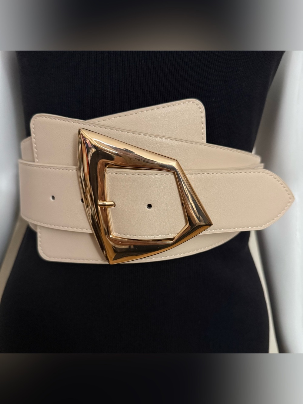 Beige wide PU leather elastic waistband belt with gold tone buckle